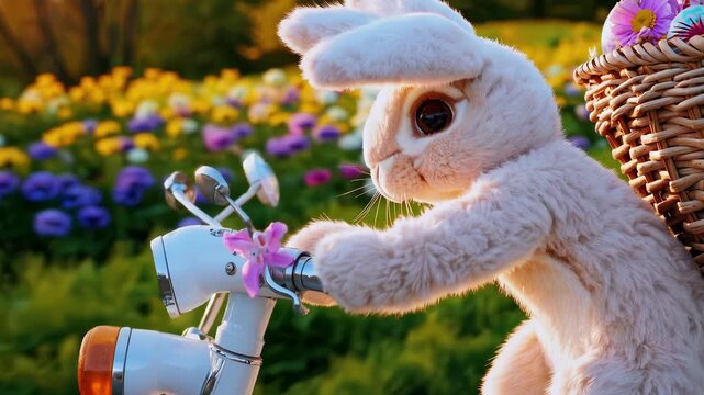 Easter Bunny riding a scooter on a flower meadow with a basket of eggs