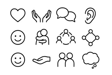 Empathy Icon Set. Outline icon set of empathy in communication: heart, open hands, conversation bubbles,