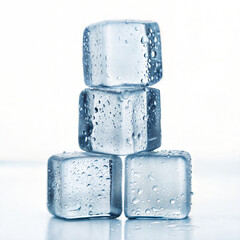 Crystal clear ice cubes with water drops stacked isolated on white background