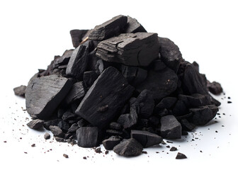 Pile of charcoal pieces on a white background for grilling and heating needs