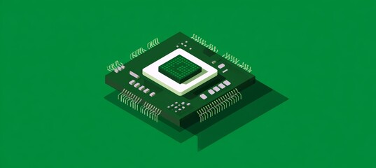 Green color microchip hardware art illustration. Semiconductor system hardware. Generative AI technology.