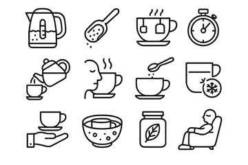 Tea Brewing Icons. Outline icon set of tea brewing steps: boiling water, measuring tea, steeping, timing,