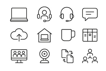 Remote Work Icons. Outline icon set of remote work: laptop, video call, headset, chat bubble, cloud storage,