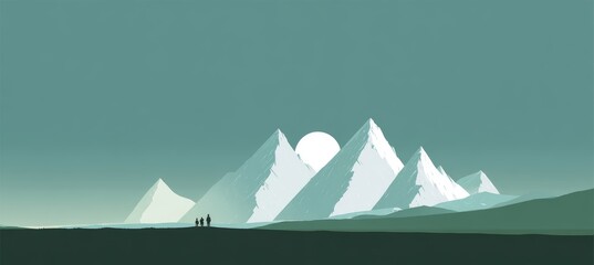 Panoramic snow mountains landscape and full  moon background art illustration. Generative AI technology.	
