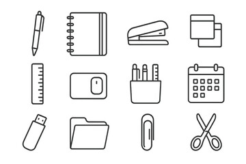 Office Supplies Icons. Outline icon set of branded office supplies: pen, notebook, stapler, sticky notes,