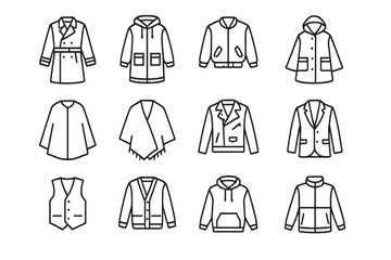 Seasonal Outerwear Icons. Outline icon set of seasonal outerwear: trench coat, parka, bomber jacket, raincoat,