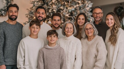 A diverse family gathers for a holiday photo in front of a decorated Christmas tree. They wear cozy sweaters and smile together, showcasing warmth and togetherness.