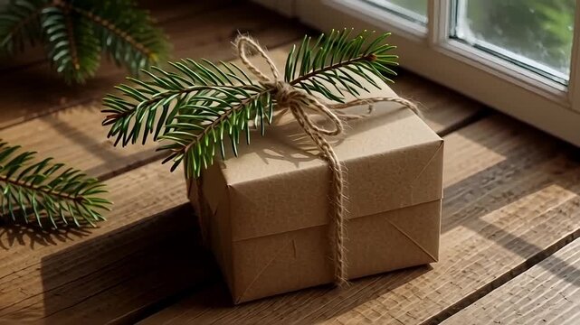 Rustic gift box with pine sprigs tied with twine on wooden planks, evoking cozy winter moments.