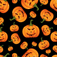 Halloween Pumpkin Patch on Black Seamless Pattern Vector Illustration 