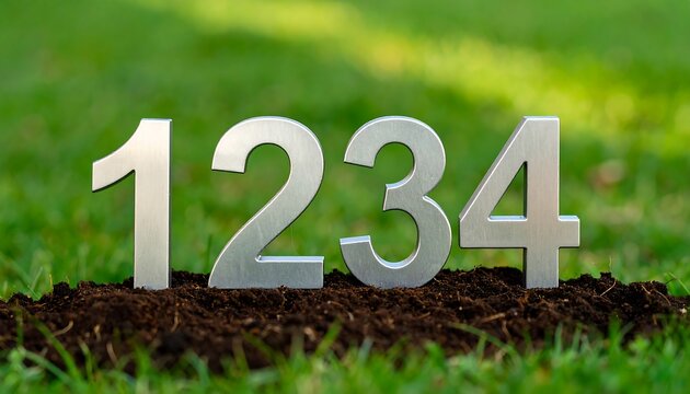 Metal numerals one through four stand in soil against a blurred green background