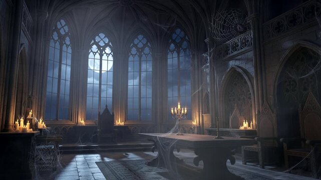Dramatic Gothic Interior with Arched Windows and Candlelight. Seamless looping time-lapse animation video background