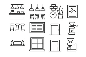 Coffee Shop Icons. Outline icon set of coffee shop interiors: counter, hanging lights, menu board, bar stools,