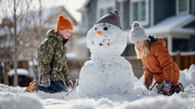 Two children build a snowman in a snowy yard. One child is a young boy with blond hair, wearing a camouflage jacket and orange hat. The other is a young girl with brown hair, wearing a brown coat and 