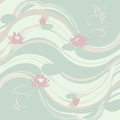 Abstract lotus flower design with water ripples on a pastel background. Delicate illustration of pink lotus blossoms floating on a light teal water surface with wavy lines.