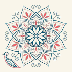 Decorative mandala with a stylized bird in blue and coral colors
