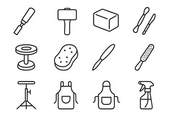 Sculpting Tool Icons. Outline icon set of cozy café interiors: sofa, armchair, coffee table, bookshelf, framed