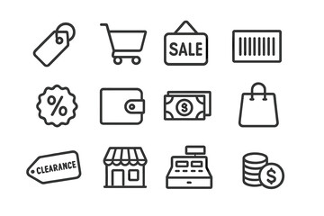 Bargain Shopping Icons. Outline icon set of bargain shopping: price tag, cart, sale sign, barcode, percentage