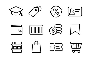 Student Discount Icons. Outline icon set of student discounts: graduation cap, price tag, percentage badge,