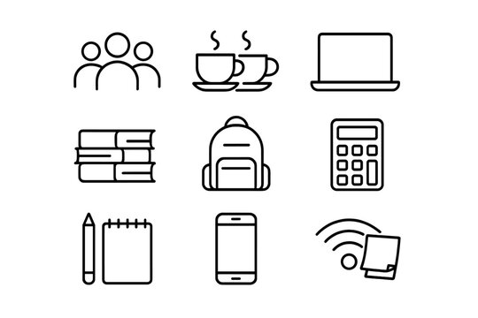 Student Meetup Icons. Outline icon set of student meetups in cafés: group icon, coffee cups, laptop, books,