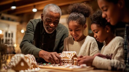 A senior African man and two young African girls decorate gingerbread houses together. They are smiling and engaged in a festive activity in a cozy indoor setting.