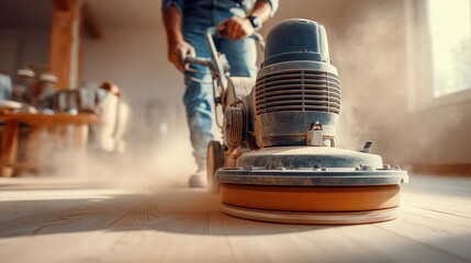 A professional is sanding a wooden floor with a floor sander during home renovation.