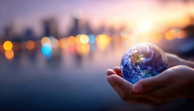 Hands gently holding a small Earth globe with a blurred cityscape and sunset in the background, symbolizing environmental conservation and global responsibility