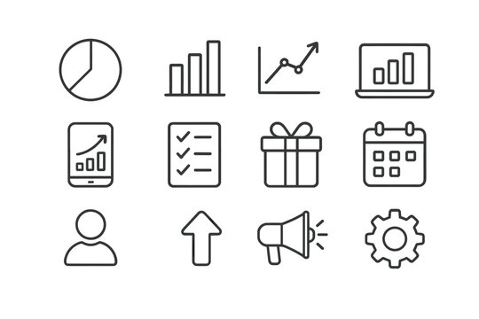 Growth Analytics Icon Set. Outline icon set of growth analytics for subscriptions: pie chart, bar graph, line