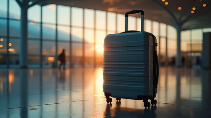 Close up of modern hard shell suitcase standing alone on airport terminal floor