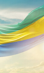 Gabon national flag poster. The flag waving in beautiful clouds with vertical layout. Gabon...