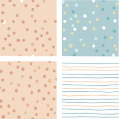 Pastel polka dot and striped patterns for kids' apparel or stationery. Set of four decorative patterns, featuring a variety of pastel colors and textures, suitable for graphic design or print.