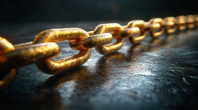 Golden chain on dark surface, strength, connection, security concept, website banner