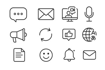 Remote Work Icons. Outline icon set of remote work communication tips: chat bubble, email icon, video call,