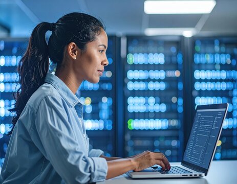 A focused woman works on a laptop in a modern data center setting, likely coding or managing systems.