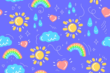 Cute childish pattern with sun and rainbow. Vector illustration of cloud and rain. Seamless pattern, cute design for textile, print, fabric. Hand-drawn background.