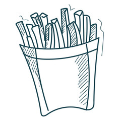 Doodle french fries vector isolated. Hand-drawn illustration of a potato snack in paper package. Delicious fast food. Menu design element.