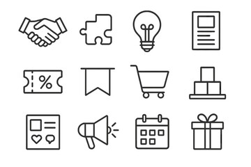 Creative Brand Icons. Outline icon set of creative brand alliances: handshake, puzzle piece, light bulb, flyer