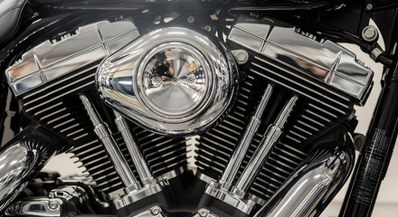 Chrome Motorcycle Engine Detail with Reflective Surfaces, Intricate and Gleaming Motorcycle Engine Components Close Up
