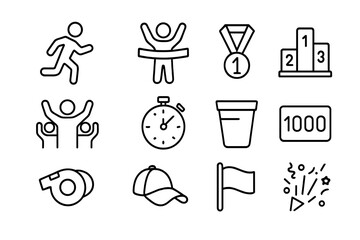Marathon Icon Set. Outline icon set of marathon celebration: runner silhouette, finish tape, medal, podium,