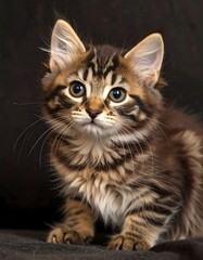 Close-up portrait of a fluffy kitten with striking tabby markings, exhibiting a curious and alert expression against a dark backdrop.
