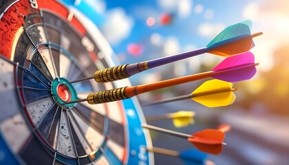 Colorful arrows hitting target bullseye with motion blur, concept of success