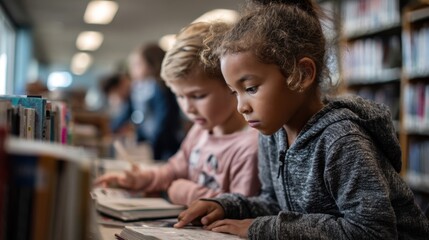 Obraz premium Two children reading books in a library. A young Caucasian boy with blond hair and a young African girl with curly hair are focused on their pages.