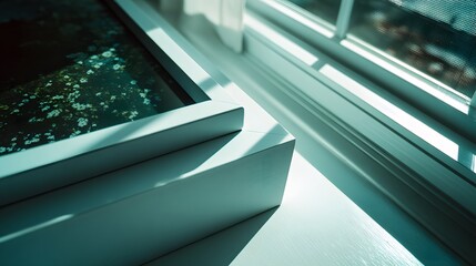 Obraz premium A close-up view of two white picture frames stacked, showcasing a delicate floral print, with soft teal-toned lighting and shadows, casting an artistic mood.