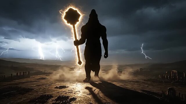 Mythical Warrior God Silhouette Wielding a Glowing Mace in a Storm.