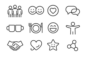 Friendship & Romance Icons. Outline icon set of friendship and romance crossover: group of friends, smiley