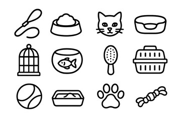 Pet Owner Icons. Outline icon set of pet owner role: dog leash, food bowl, cat icon, pet bed, birdcage,