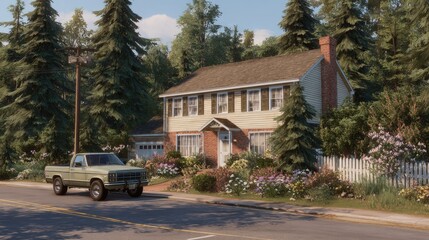 Suburban house with pickup truck
