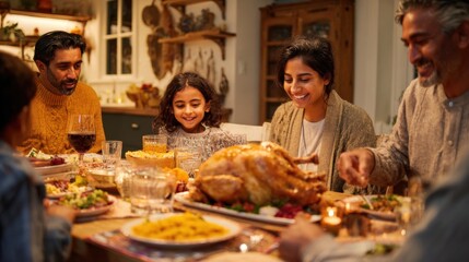 A diverse family gathers around a table for a festive meal. They enjoy a large turkey and various side dishes, sharing smiles and laughter.