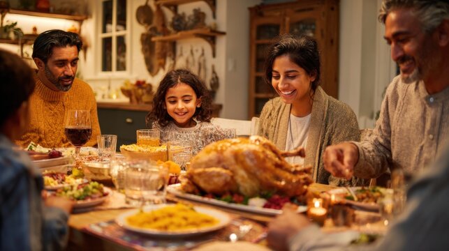A diverse family gathers around a table for a festive meal. They enjoy a large turkey and various side dishes, sharing smiles and laughter. - Powered by Adobe
