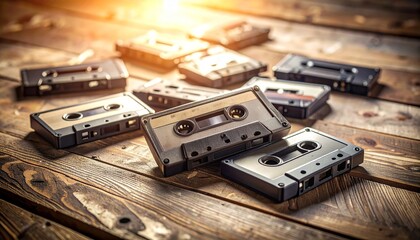 Retro cassette tapes scattered on a faded wooden desk with soft light casting vintage shadows, evoking timeless nostalgia