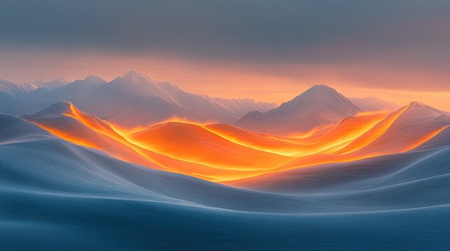 Sunrise over the desert, casting golden light over sand dunes, creating a peaceful and awe-inspiring landscape.